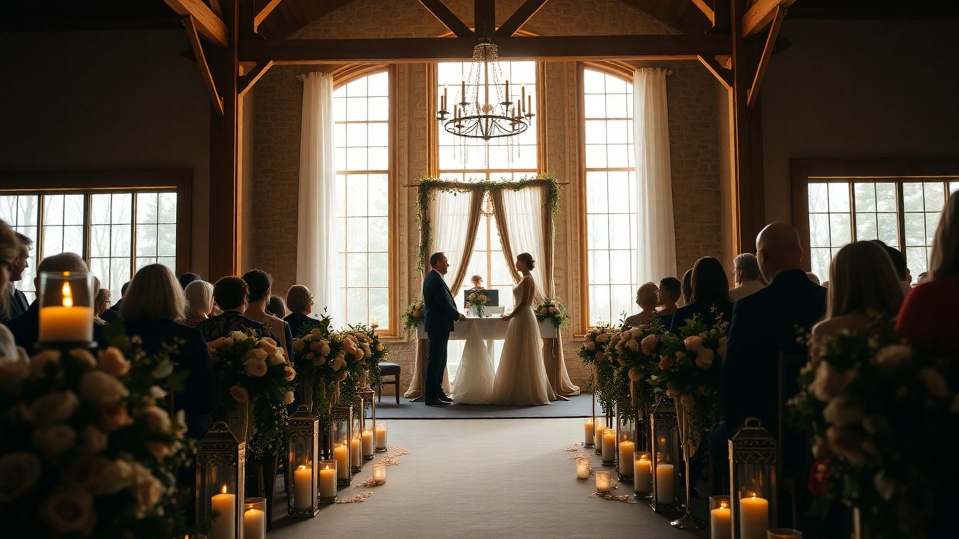 Winnipeg wedding ceremony aisle with rose-warm florals and candlelight