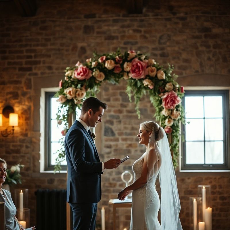 Couple exchanging vows beneath a rose-warm floral arch in a Winnipeg heritage venue