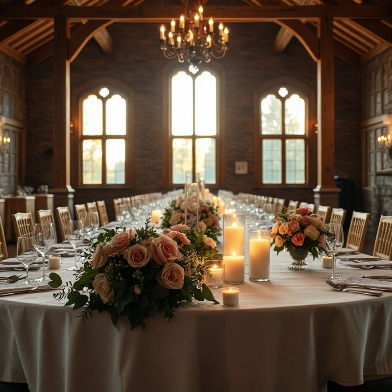 Wide reception table scene at a Winnipeg heritage venue with rose-warm florals