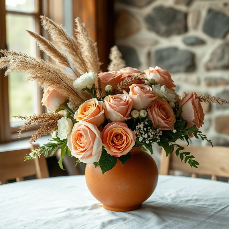 Close-up of a custom rose-warm floral arrangement in a terracotta vessel