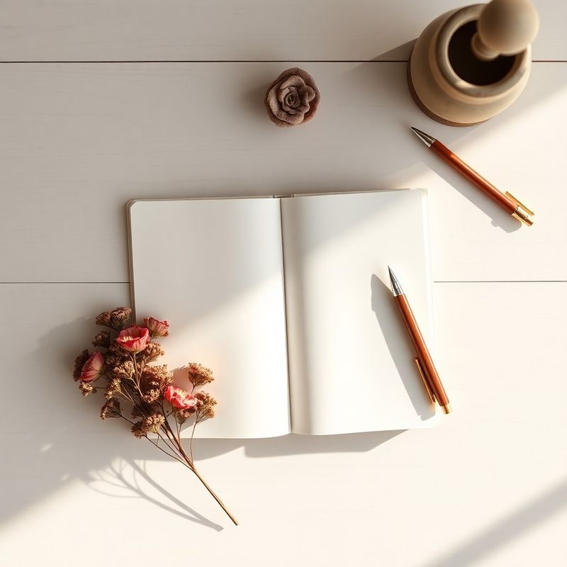 Open wedding inquiry notebook with rose-warm dried floral sprig in soft morning light