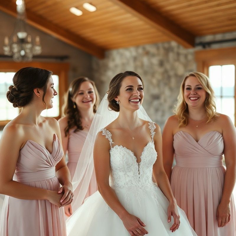 Bride laughing with bridesmaids at a Manitoba lakeside venue