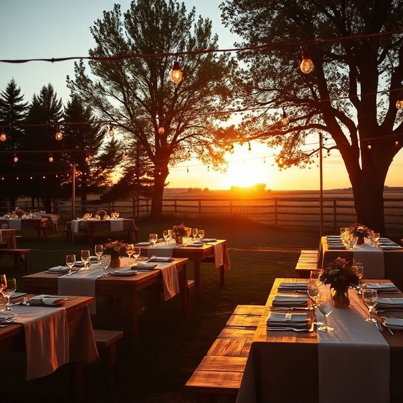 Prairie-edge outdoor reception at golden hour with rose-warm string lights