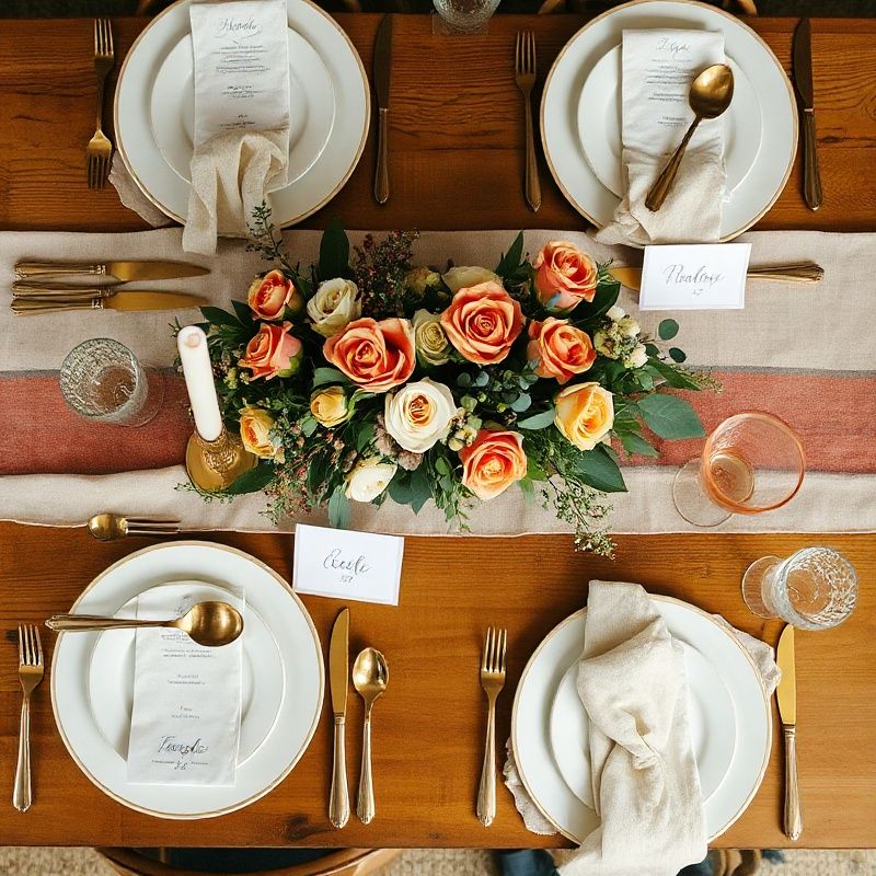 Overhead styled wedding tablescape with ivory linen and gold cutlery